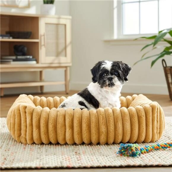 Ribbed Plush Cuddler Dog Bed, Machine Washable, Tan, 27" X 21" - Picture 3 of 4